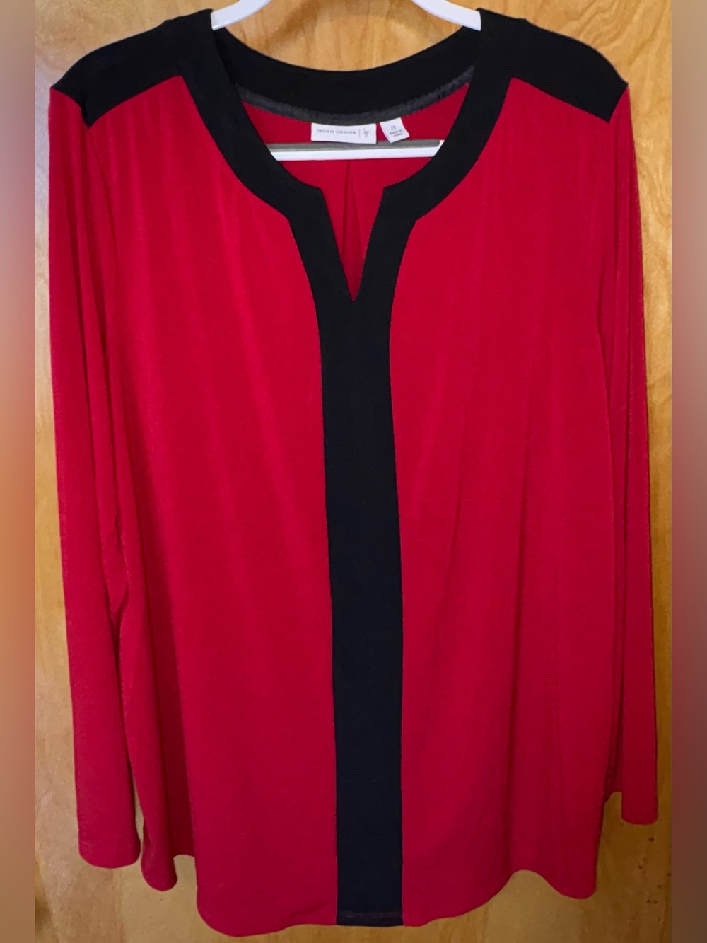 Susan Graver red/black liquid knit colorblock long sleeve tunic top Size 2X